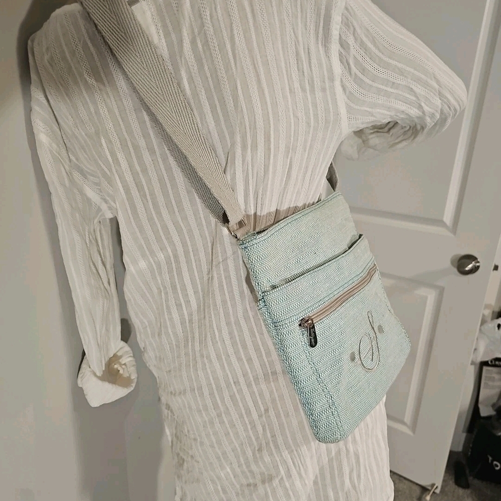 Thirty-One Crossbody Bag Medium Mint Green & Gray Monogram S VGUC 54" Strap - Picture 2 of 16